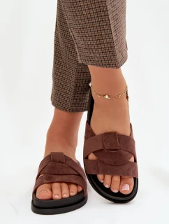 Dámské pantofle Eko semiš s pásky tmavě hnědé Marivessa