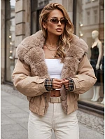 Krátká dámská bunda s odnímatelnou kožešinou, béžová, FashionStreet TY5838 Krátká dámská bunda s odnímatelnou kožešinou, béžová, FashionStreet TY5838