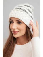 Dámská zimní čepice z vlny v hrubém pletení a pruhy K465 ecru + grafitová