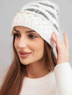 Dámská zimní čepice z vlny v hrubém pletení a pruhy K465 ecru + grafitová