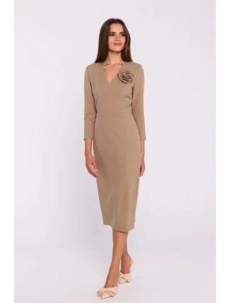 S372 Květinové tužkové šaty - béžové