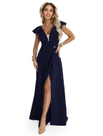 660-1 Elegantní maxi šaty s volánky, hlubokým výstřihem a rozparkem na nohou - tmavě modré