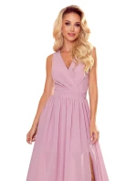JUSTINE - Dlouhé dámské šaty v pudrově růžové barvě s výstřihem a zavazováním 362-3