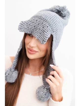 Dámská zimní čepice s vlnou, kšiltem a bambulemi K475 tmavě šedá
