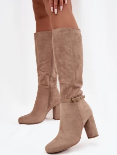 Dámské kozačky na podpatku se zlatým přezkou vyhřívané béžové Seraphine