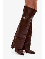 Zateplené kozačky s ohnutým horním lemem nad koleno podpatek sloupka hnědé Serelle