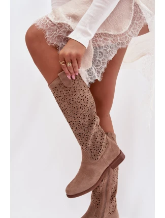 Dámské perforované vysoké kozačky na nízkém podpatku S.Barski HY61-8023 Béžové