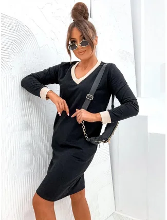 Černé bavlněné šaty s ozdobnými stahovacími lemy (770)