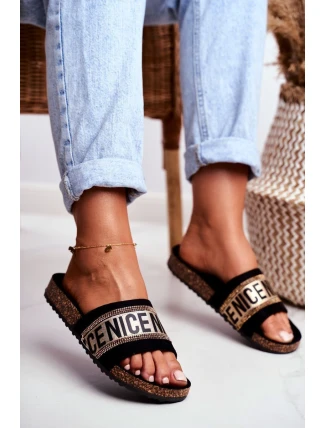 Nazouváky Na Korkové Podrážce Se Zirkony Černé-Zlaté Be Nice