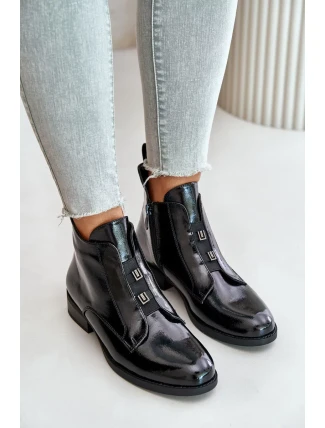 Lakované Kotníkové Boty Na Zip Zateplené Plochý Podpatek S.Barski Černé Lakované Kotníkové Boty Na Zip Zateplené Plochý Podpatek S.Barski Černé