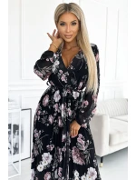 502-1 Plisované midi šaty s výstřihem, dlouhými rukávy a zavazováním v pase - ČERNÉ s růžovými květy