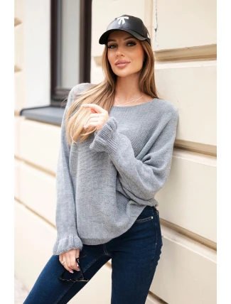 Svetr dámský z mohéru s nařasenými rukávy a výstřihem na zádech šedý