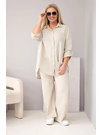 Dámský mušelínový komplet Plus Size s košilí zapínanou na knoflíky a s kalhotami s širokou nohavicí béžový