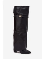 Dámské zateplené kozačky nad kolena s vyhrnutou holení a sloupkovým podpatkem Serelle – černé, eko semiš