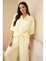 Dámský bavlněný komplet s vázanou košilí a širokými nohavicemi žlutý