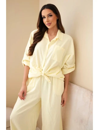 Dámský bavlněný komplet s vázanou košilí a širokými nohavicemi žlutý