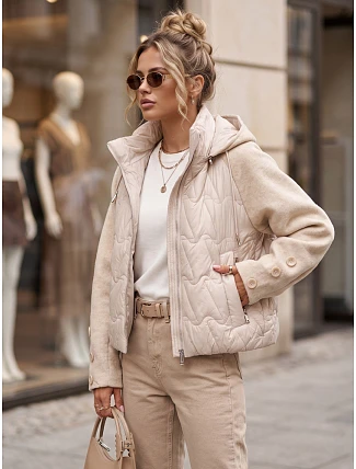 Dámská prošívaná bunda s odnímatelnou kapucí, béžová, FashionStreet TY5934 Dámská prošívaná bunda s odnímatelnou kapucí, béžová, FashionStreet TY5934