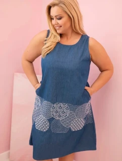 Dámské plus size šaty bez rukávů s ozdobným vzorem džínová