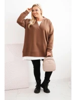 Dámská mikina zateplená Plus Size s kapucí a véčkovým výstřihem hnědá