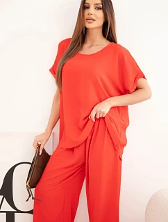 Dámský komplet Plus Size halenka a kalhoty s širokou nohavicí červený