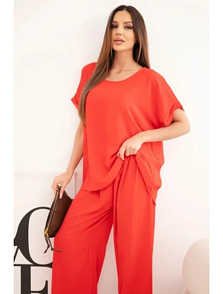 Dámský komplet Plus Size halenka a kalhoty s širokou nohavicí červený Dámský komplet Plus Size halenka a kalhoty s širokou nohavicí červený