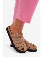 Dámské pantofle s pásky a zlatým sponou Tmavě béžové Roselisse