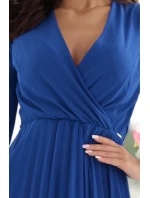 313-18 ISABELLE Elegantní plisované šaty s výstřihem a dlouhými rukávy - chrpově modré