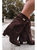 Zateplené dámské kozačky na podpatku s ozdobným páskem čokoládové Luvielle Zateplené dámské kozačky na podpatku s ozdobným páskem čokoládové Luvielle