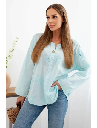 Košilová halenka s vyšívaným vzorem světle mátová