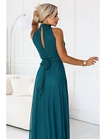 636-4 VERONICA – luxusní dlouhé šaty s brokátovým detailem a elegantním střihem – zelené