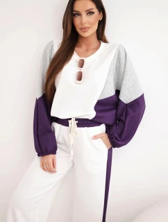 Dámský komplet máslíčko s volnou mikinou a kalhotami s širokým nohavicí tmavě fialový