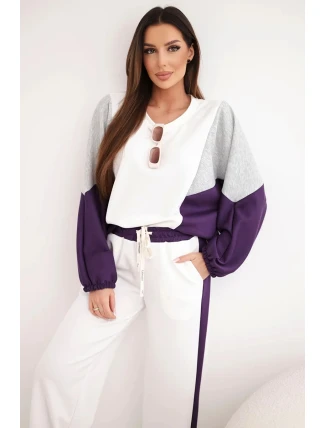 Dámský komplet máslíčko s volnou mikinou a kalhotami s širokým nohavicí tmavě fialový