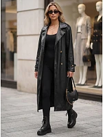 Dlouhý černý dámský dvouřadý kabát s páskem FashionStreet NY0780