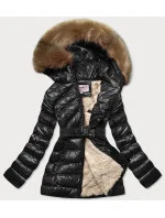 Černo-béžová lesklá zimní bunda s mechovitou kožešinovou podšívkou (w674) Černo-béžová lesklá zimní bunda s mechovitou kožešinovou podšívkou (w674)