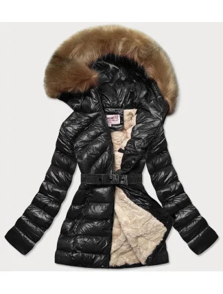 Černo-béžová lesklá zimní bunda s mechovitou kožešinovou podšívkou (w674) Černo-béžová lesklá zimní bunda s mechovitou kožešinovou podšívkou (w674)
