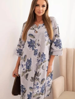 Dámská bavlněná šaty s květinovým vzorem a 3/4 rukávem šedá