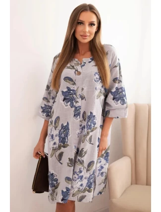 Dámská bavlněná šaty s květinovým vzorem a 3/4 rukávem šedá