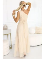 656-2 Dlouhé třpytivé večerní šaty na jedno rameno - šampaňsko-béžové