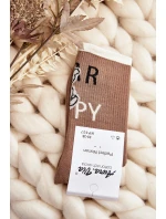 Dámské bavlněné ponožky s nápisem a medvídkem světle hnědé