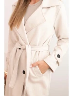 Dámský semišový plášť v pase s límcem a knoflíky světlá béžová