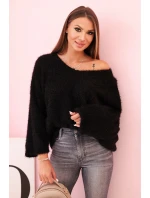 Dámský svetr z mohairu volného střihu s výstřihem do V černý