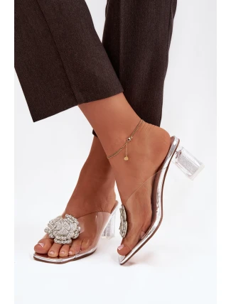 Průhledné nazouváky na podpatku s ozdobou D&A MR1037-20 stříbrné