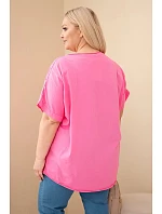 Dámská bavlněná halenka Plus size s vyšívanými květy růžová