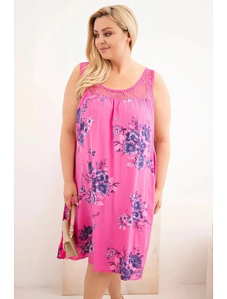 Dámské šaty Plus Size z viskózy s květinovým vzorem a krajkovým vrškem růžová