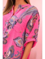 Dámská bavlněná blůza s ozdobným potiskem a ohrnutými rukávy růžová
