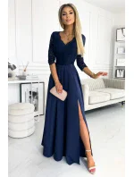 309-6 AMBER elegantní krajkové dlouhé šaty s výstřihem - ZELENÉ