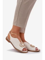 Kožené Sandály Na Plochém Podpatku S Dekorací Světle Béžové Laura Messi 2865