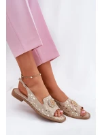 Kožené Sandály S Dekorací Na Plochém Podpatku S.Barski KV51-096 Zlaté Kožené Sandály S Dekorací Na Plochém Podpatku S.Barski KV51-096 Zlaté