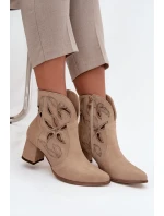 Semišové perforované dámské kotníkové boty na podpatek Zazoo 3647 béžové