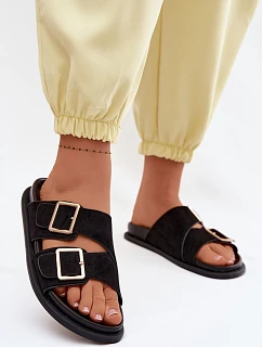 Dámské nazouváky z imitace semiše s zlatými přezkami Černé Selissea